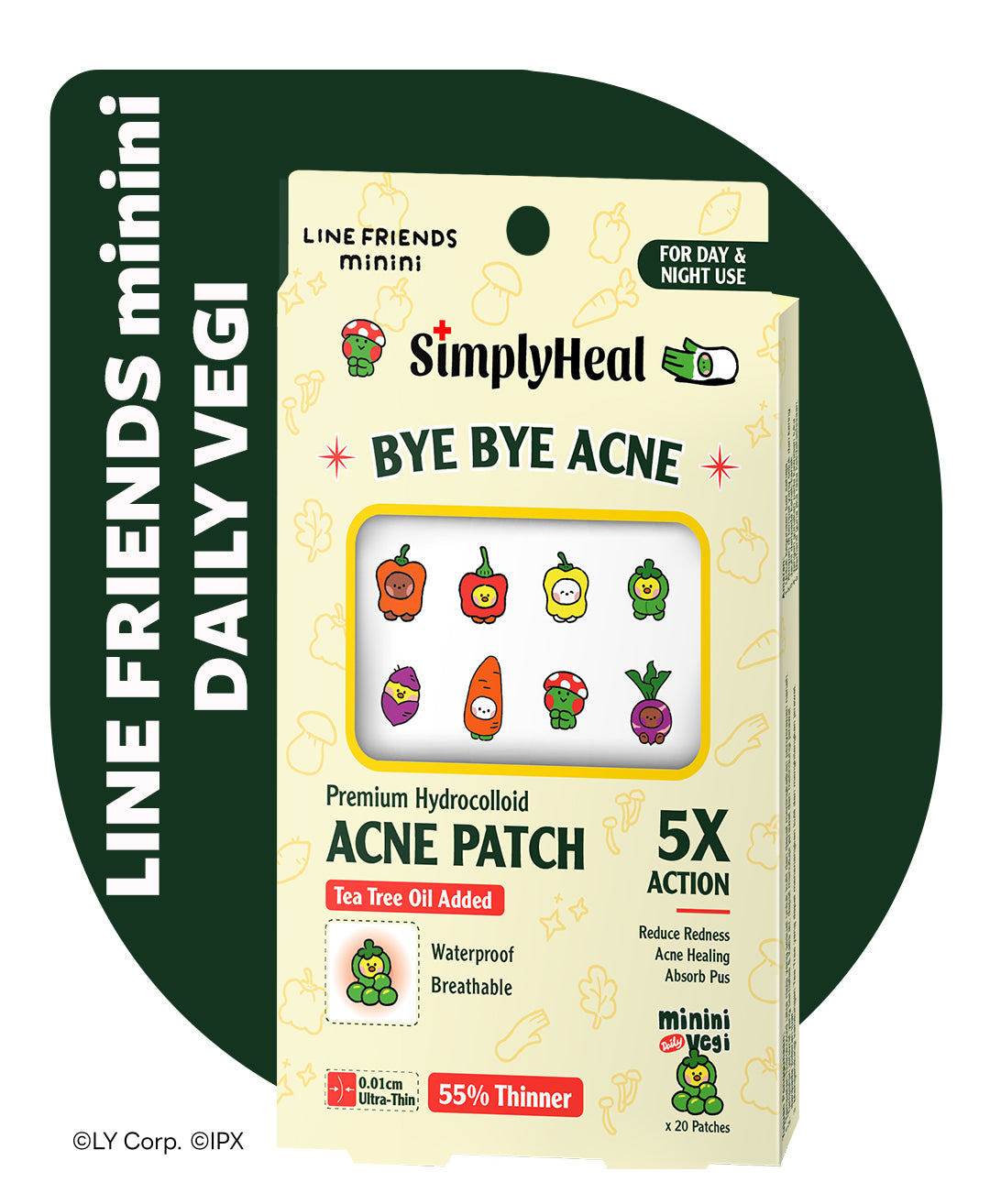 SimplyHeal LINE FRIENDS minini Daily Vegi Day & Night Premium Hydrocolloid Acne Patch 20s